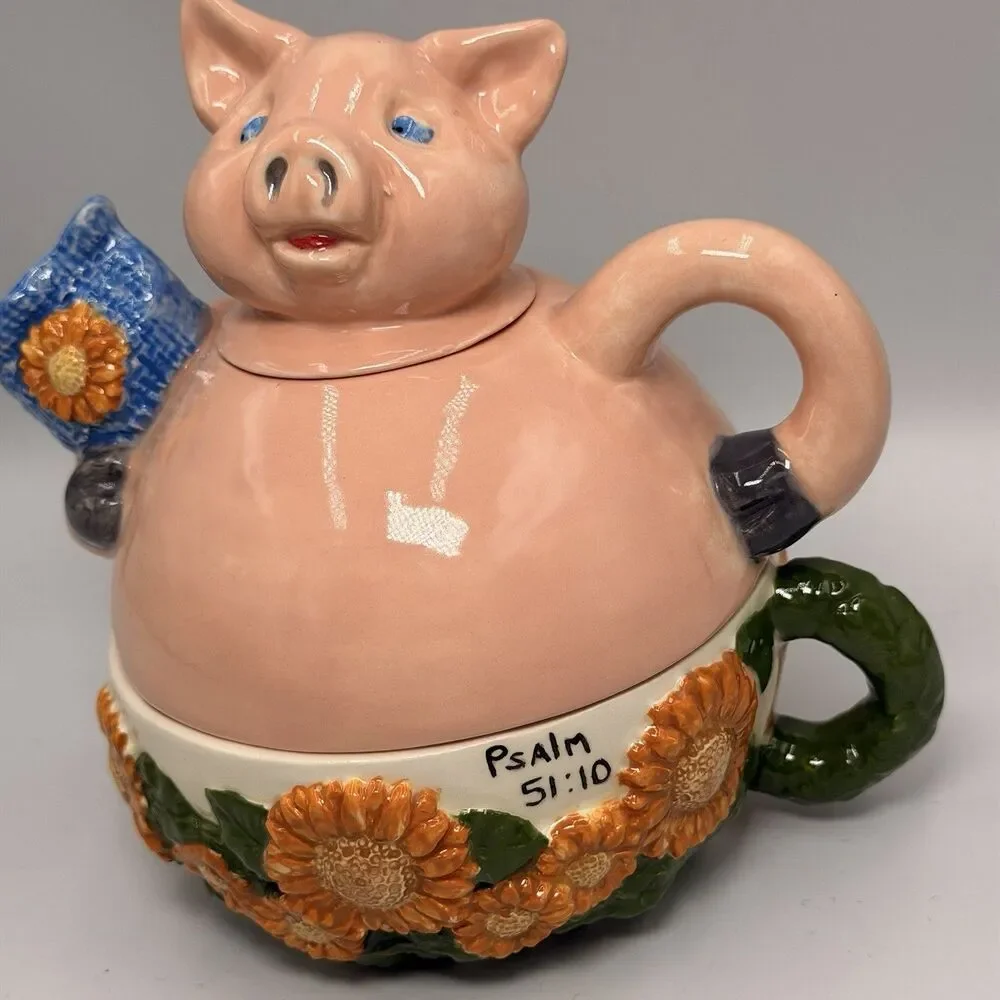 Vintage Ceramic Stacking Pig Teapot Mug Set Sunflower Psalm 51:10 Signed 1999